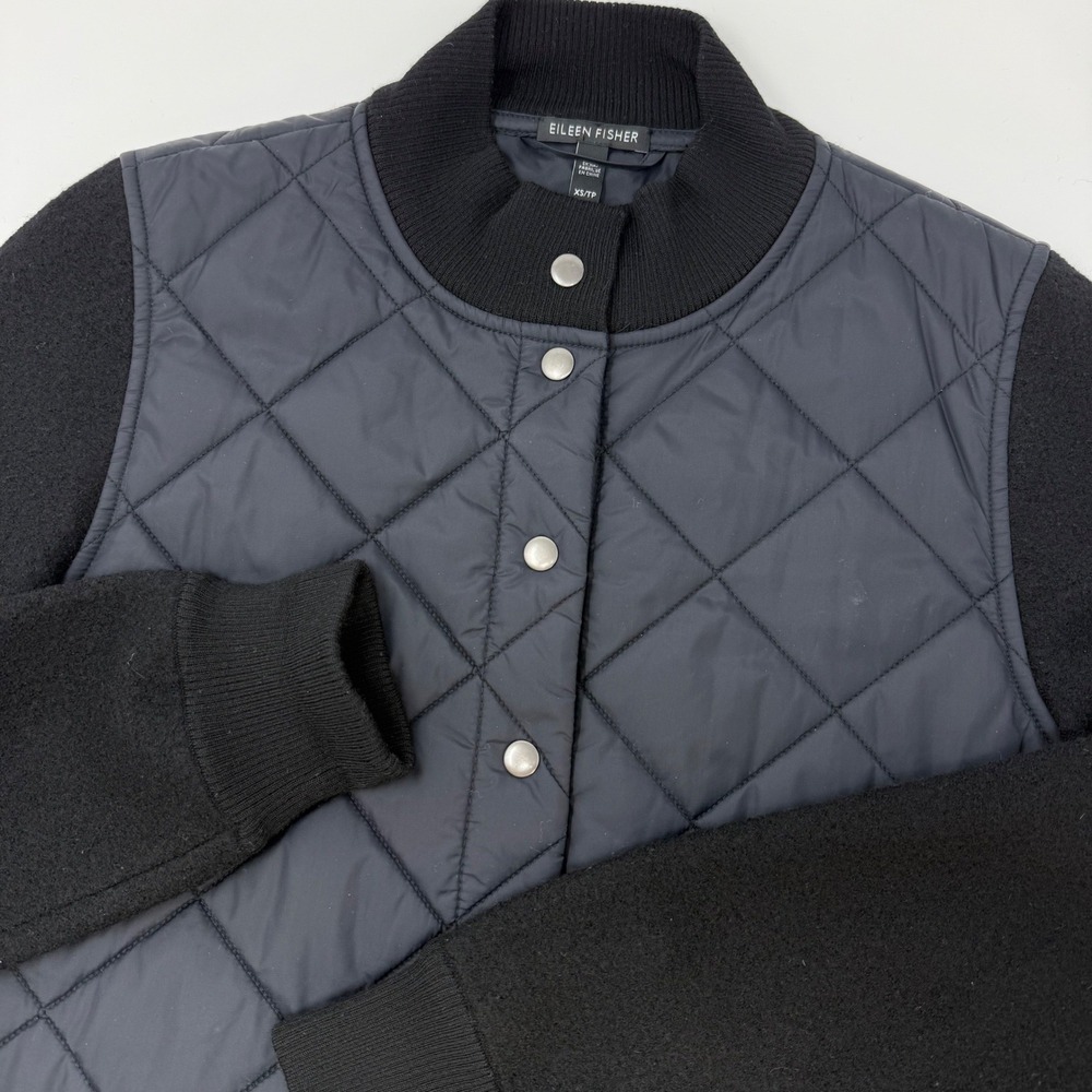 Eileen Fisher Womens XS Quilted Merino Wool Mixed‎ Media Snap Front Coat Black